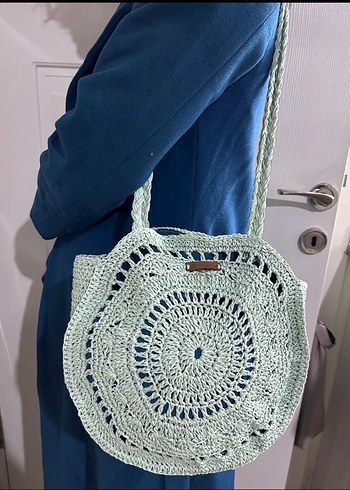 Handmade 
Turkuaz Dantel Detaylı Bohem Örgü Çanta - Görsel 4