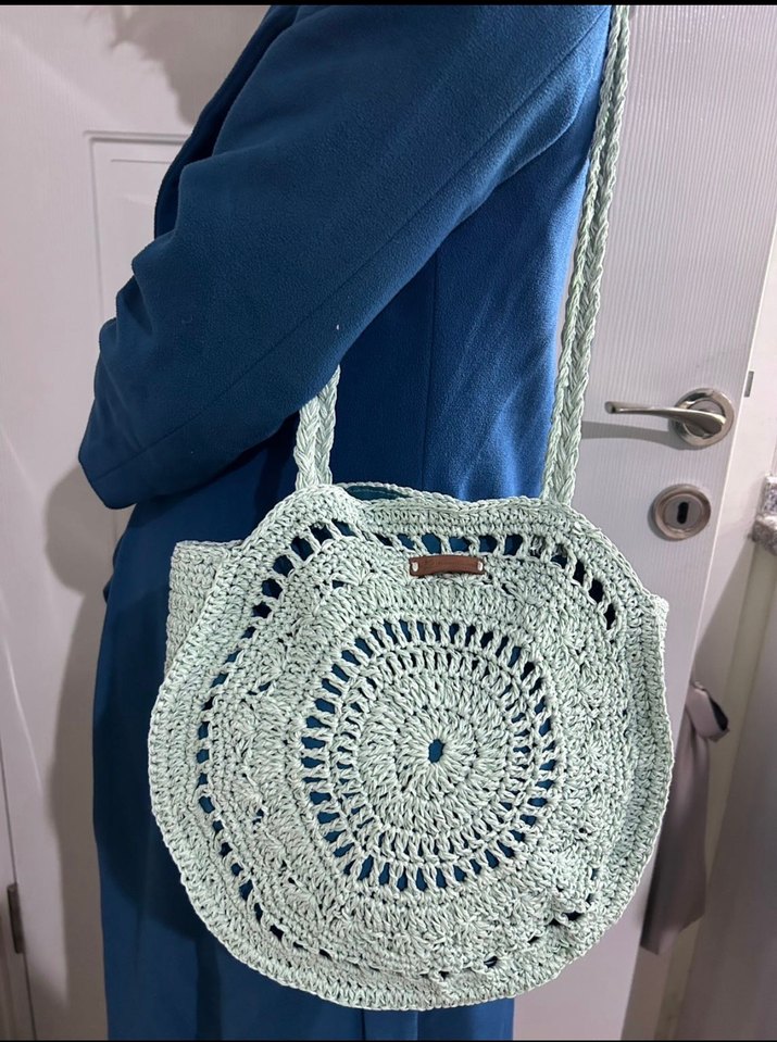 Handmade 
Turkuaz Dantel Detaylı Bohem Örgü Çanta - Görsel 4