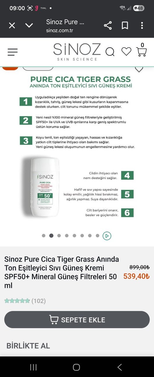 Sinoz Pure Cica Ton Eşitleyici Güneş Kremi SPF50+ 50 ml - Görsel 2