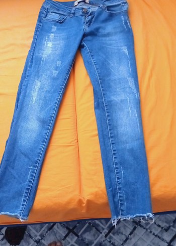 36 Beden Kadın Mavi Denim Normal Boy Tie-Dye Jean