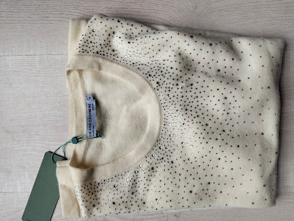 Kadın Beyaz Kısa Kollu Payetli Pamuklu Kazak - Görsel 4