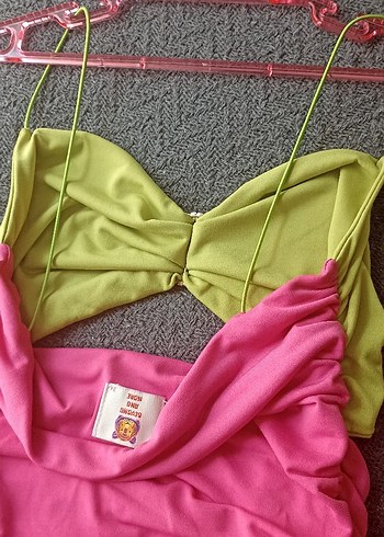 Pembe Parlak Drapeli askılı mini elbise - Görsel 5