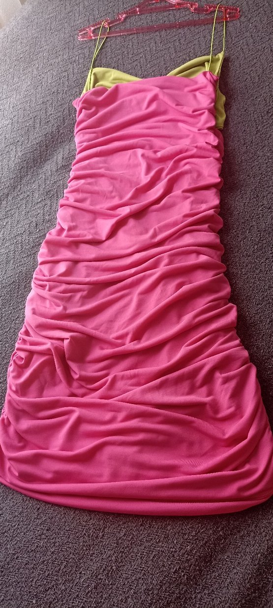 Pembe Parlak Drapeli askılı mini elbise - Görsel 2