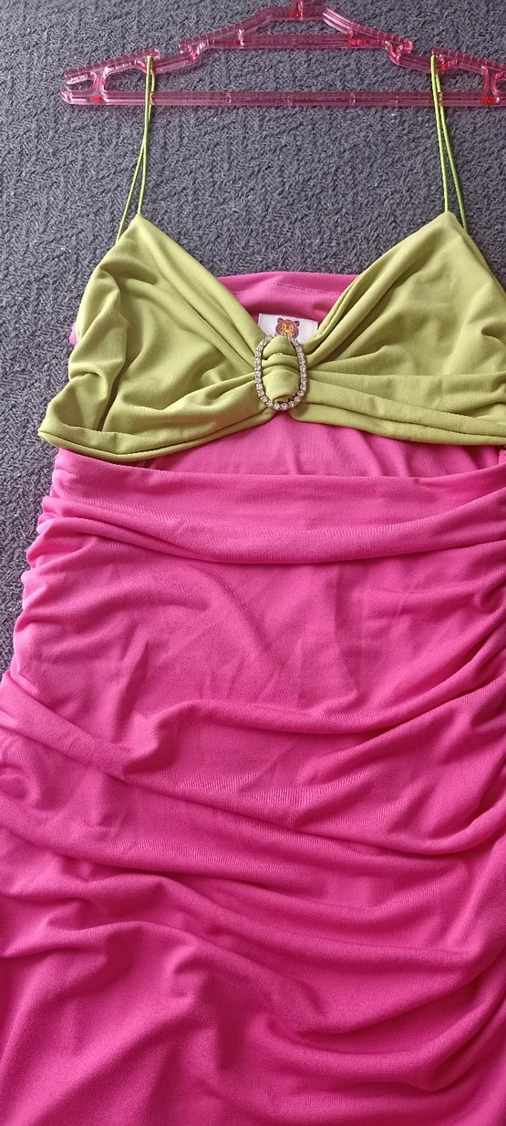 Pembe Parlak Drapeli askılı mini elbise - Görsel 3