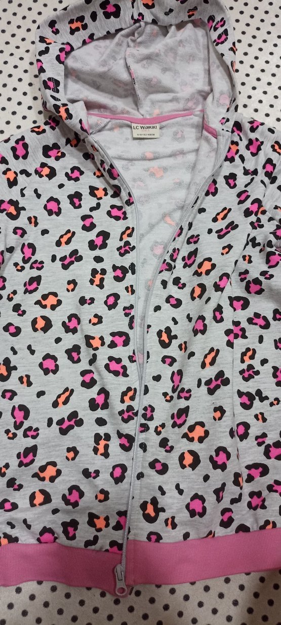 Kız Çocuk Gri Leopar Desenli Fermuarlı sweatshirt - Görsel 3