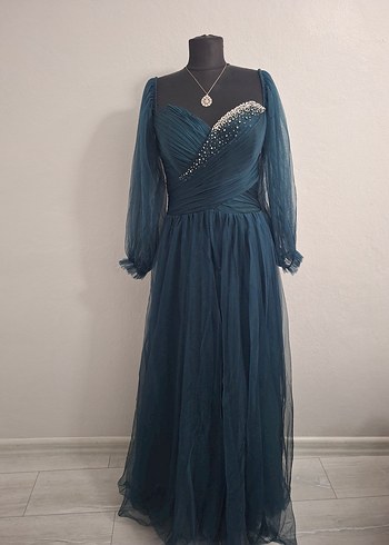 zümrüt yeşili Uzun Kollu Abiye Elbise - Görsel 5