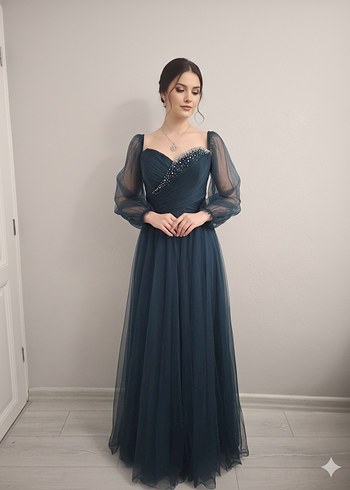 zümrüt yeşili Uzun Kollu Abiye Elbise - Görsel 2