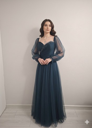 zümrüt yeşili Uzun Kollu Abiye Elbise - Görsel 3