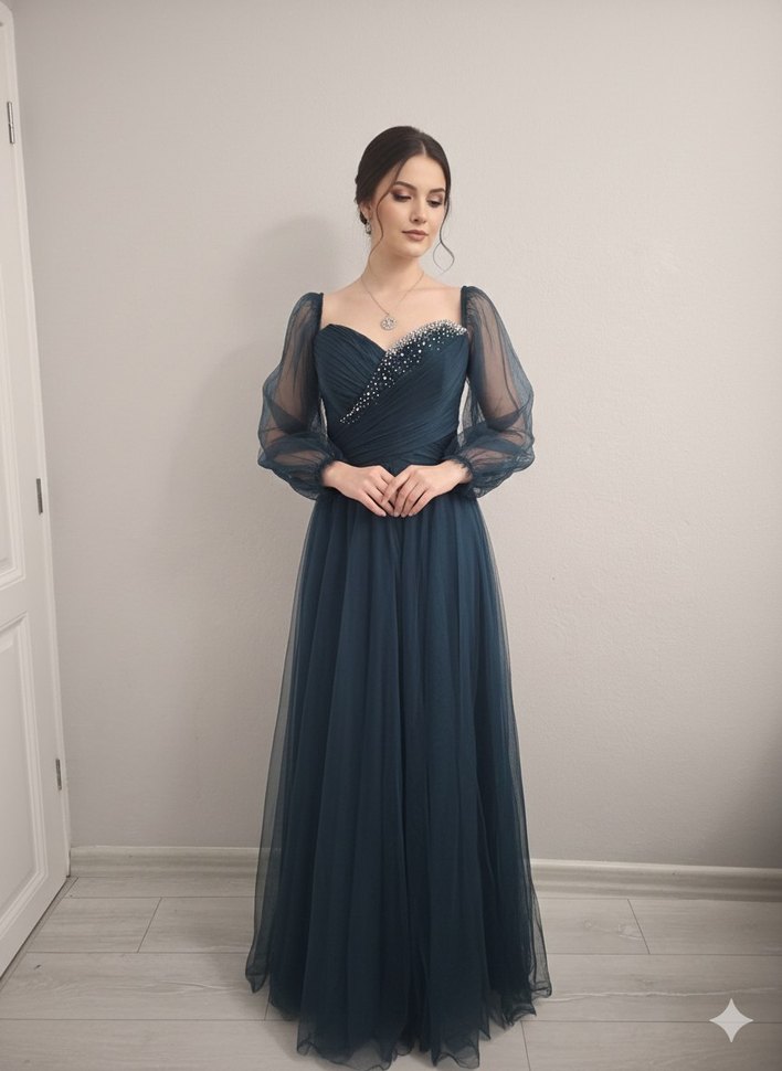 zümrüt yeşili Uzun Kollu Abiye Elbise - Görsel 2