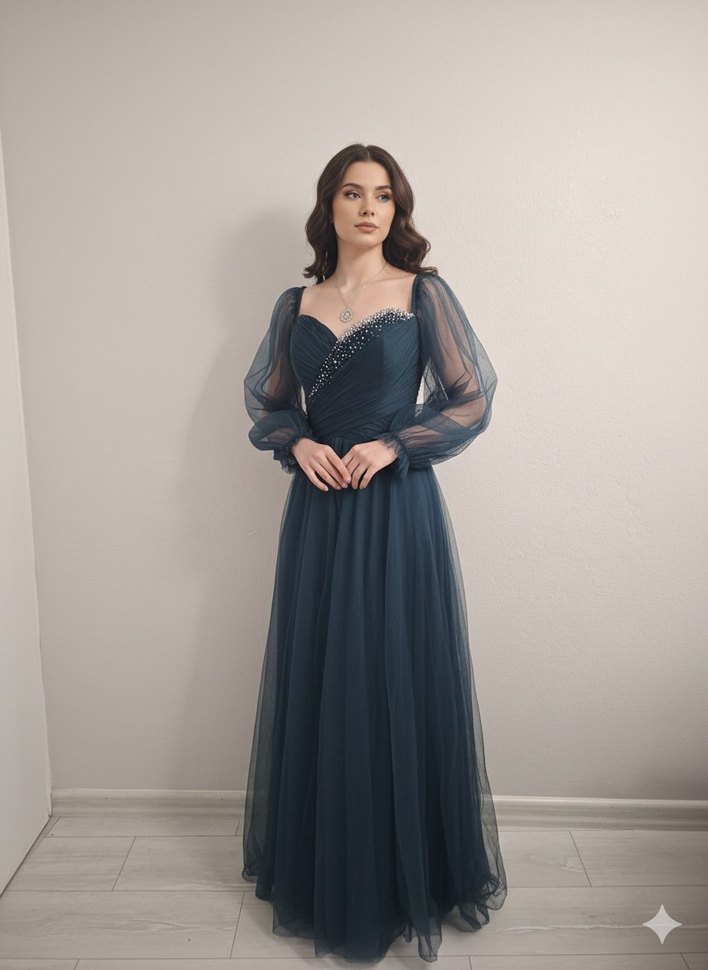 zümrüt yeşili Uzun Kollu Abiye Elbise - Görsel 3