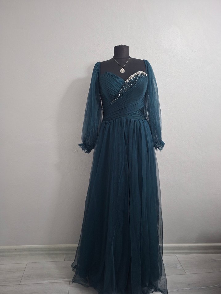 zümrüt yeşili Uzun Kollu Abiye Elbise - Görsel 4