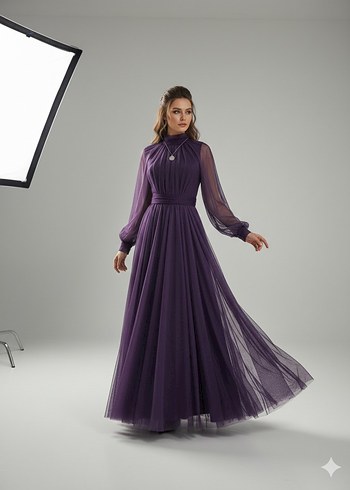 Mürdüm Uzun Kollu Drapeli Abiye Elbise - Görsel 2