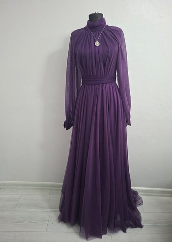 Mürdüm Uzun Kollu Drapeli Abiye Elbise - Görsel 6