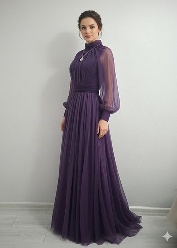 Mürdüm Uzun Kollu Drapeli Abiye Elbise - Görsel 3