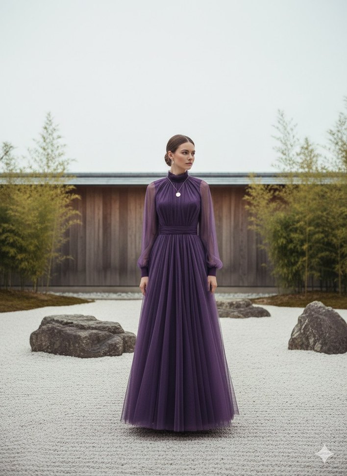 Mürdüm Uzun Kollu Drapeli Abiye Elbise - Görsel 4