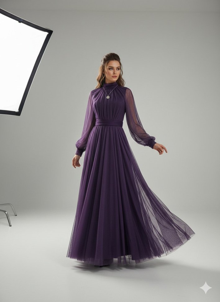 Mürdüm Uzun Kollu Drapeli Abiye Elbise - Görsel 2