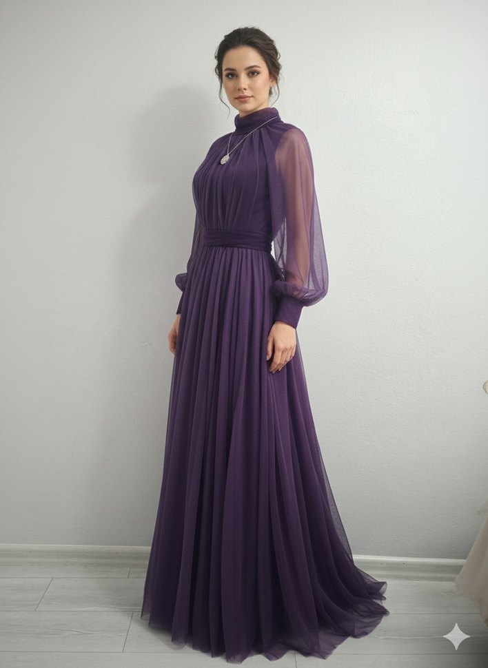 Mürdüm Uzun Kollu Drapeli Abiye Elbise - Görsel 3