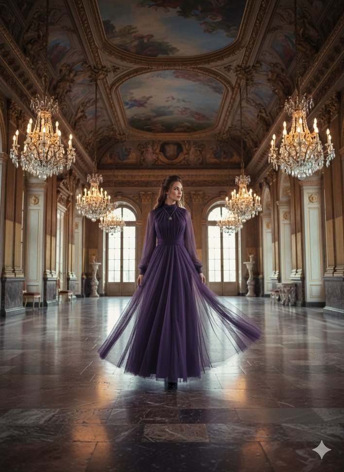 Mürdüm Uzun Kollu Drapeli Abiye Elbise - Görsel 5