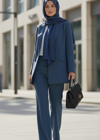 Düğmeli Mavi Kadın Uzun Ceketli Takım - Görsel 2