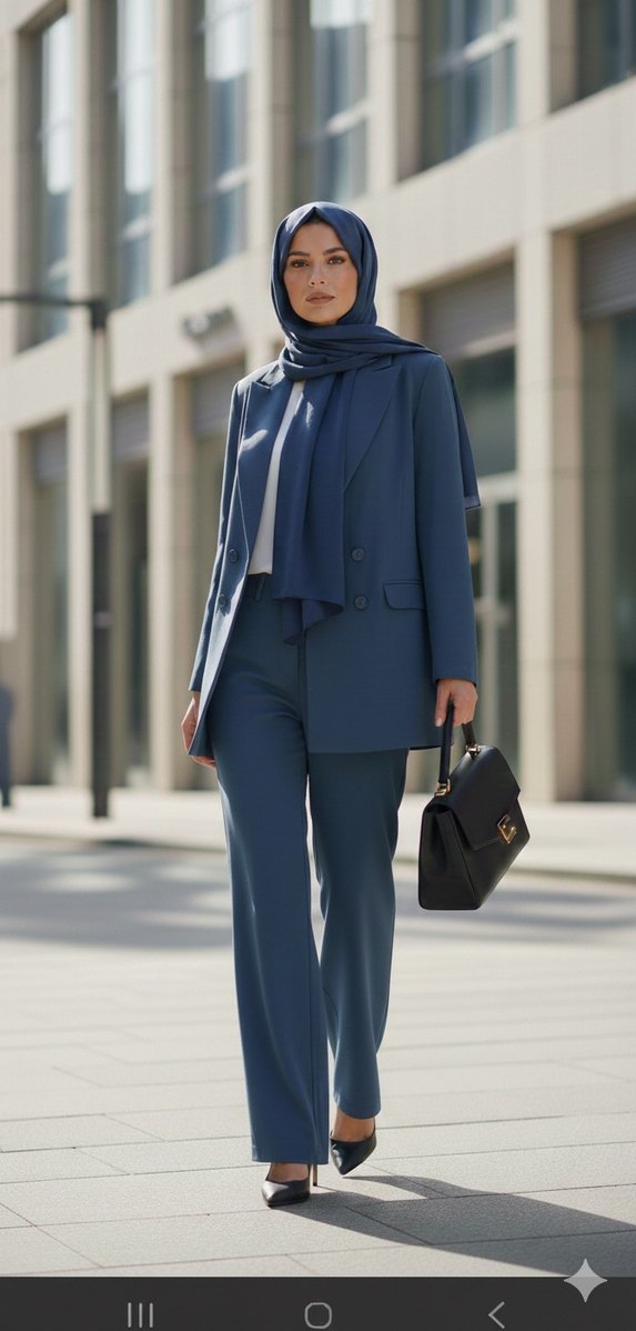 Düğmeli Mavi Kadın Uzun Ceketli Takım - Görsel 2