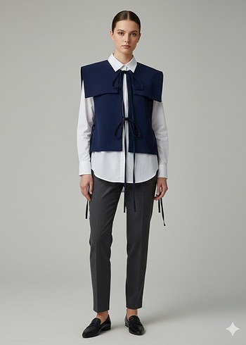 Lacivert Kemerli Kısa Kadın Yelek - Görsel 3