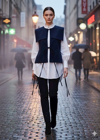 Lacivert Kemerli Kısa Kadın Yelek - Görsel 5