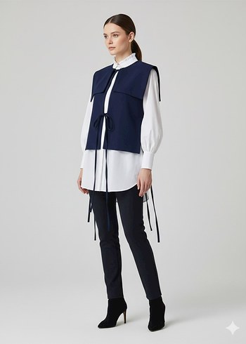 Lacivert Kemerli Kısa Kadın Yelek - Görsel 4