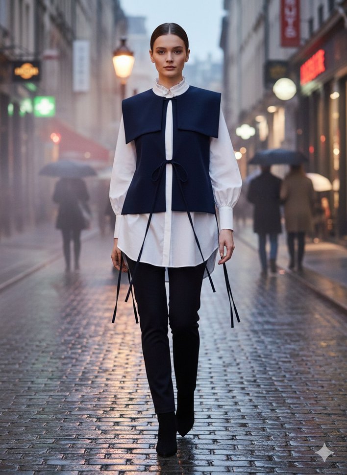 Lacivert Kemerli Kısa Kadın Yelek - Görsel 5