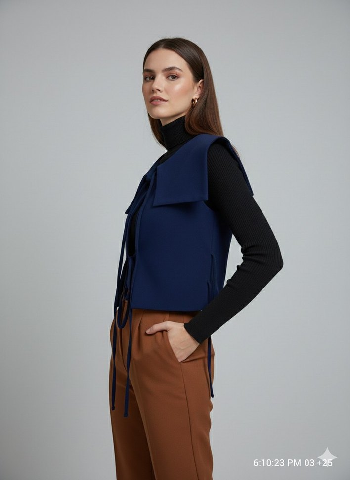 Lacivert Kemerli Kısa Kadın Yelek - Görsel 2