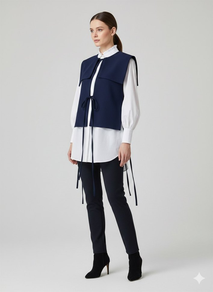 Lacivert Kemerli Kısa Kadın Yelek - Görsel 4