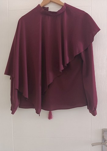 Bordo,krep kumas Yüksek Yaka pelerinli gömlek