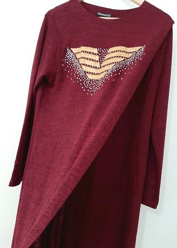 Bordo Uzun Kol Drapeli Kadın Elbise - Görsel 2