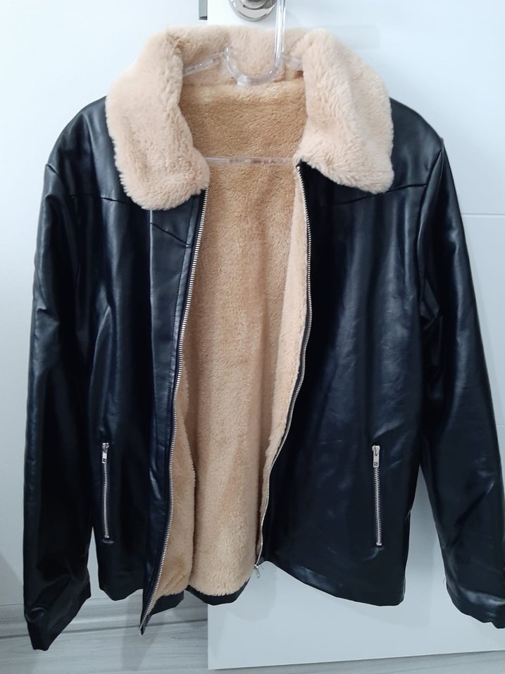 Deri Ceket, Kürklü Bej Yaka, Rahat Kesim - Görsel 2