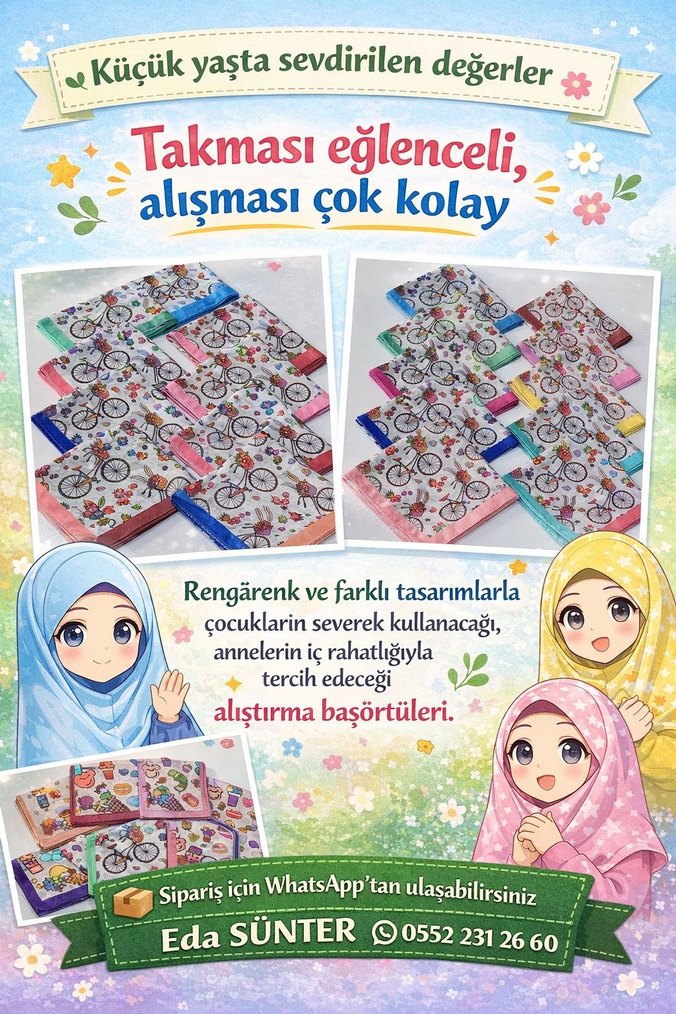 Çocuk Desenli Çok Renkli çocuk başörtüsü - Görsel 5