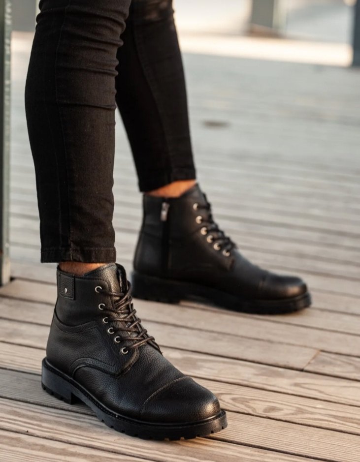 Siyah Deri Kürklü Erkek Biker Bot - Görsel 2