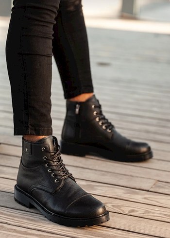 Gri Kürklü Siyah Erkek Deri Biker Bot - Görsel 2