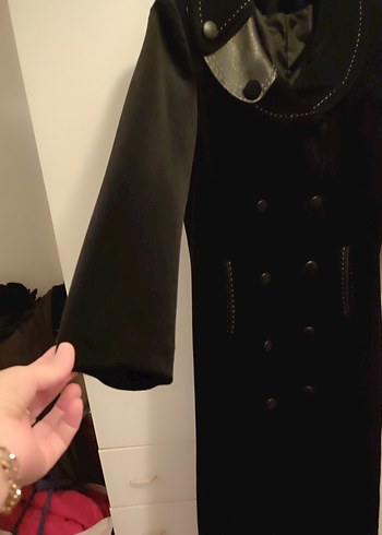 Siyah Kadın Süet Uzun Düğmeli Kaban - Görsel 5