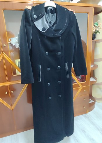 Siyah Kadın Süet Uzun Düğmeli Kaban - Görsel 2