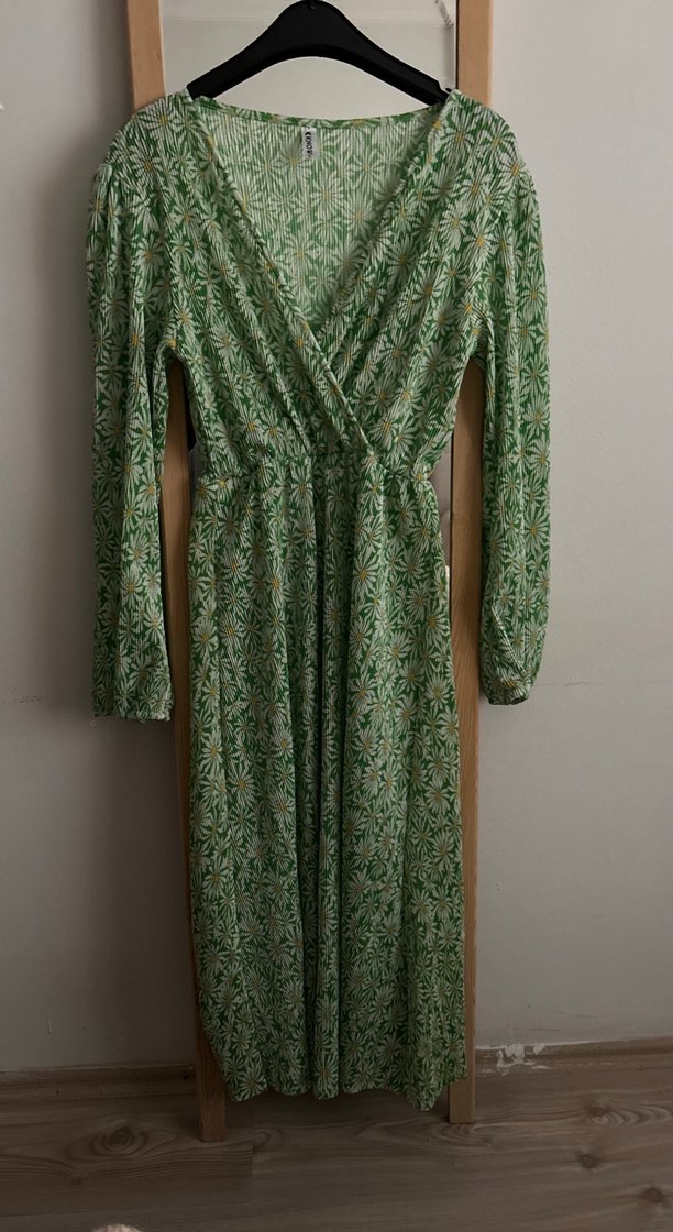 Yeşil Bağlama Desenli Uzun Bohem Elbise - Görsel 2