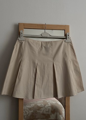 Bej Pilili Mini Etek - Görsel 2