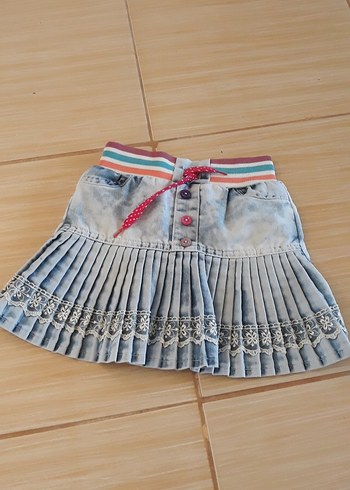 Nakışlı Pilili Mavi Kız Kot Etek 3 4 yaş