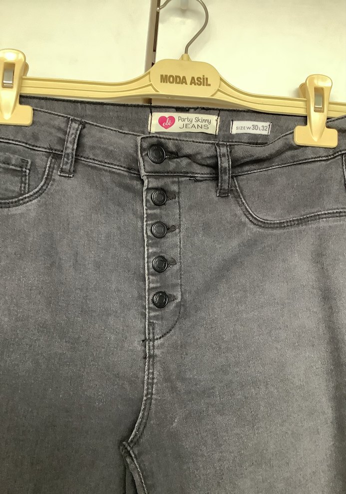Düğmeli Gri Kadın Denim Jean - Görsel 3