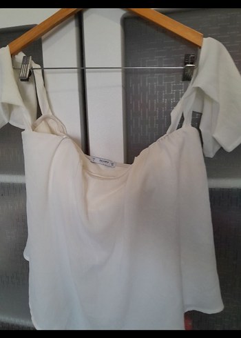 Pull and Bear Beyaz Keten Drapeli Askısız Bluz
