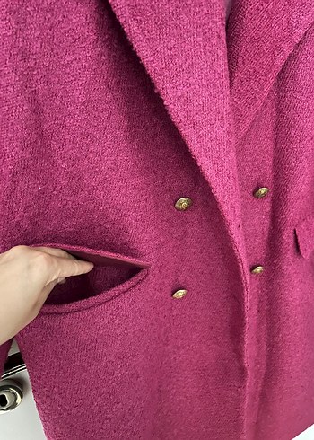 Düğmeli Midi Pembe Yün Kaban - Görsel 4