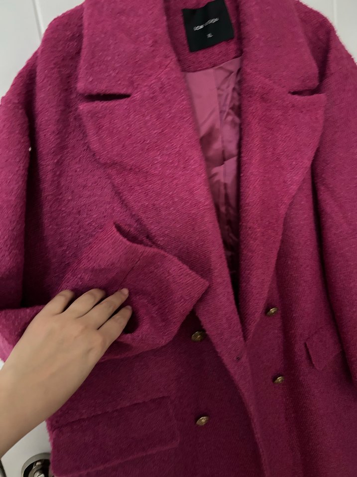 Düğmeli Midi Pembe Yün Kaban - Görsel 5