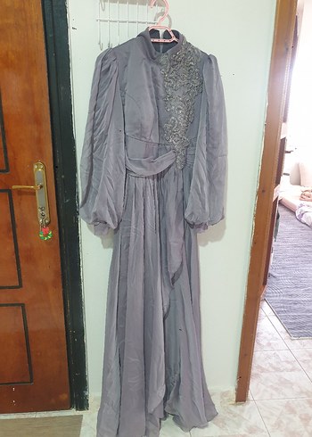 Gri Nakışlı Uzun Vintage Abiye Elbise