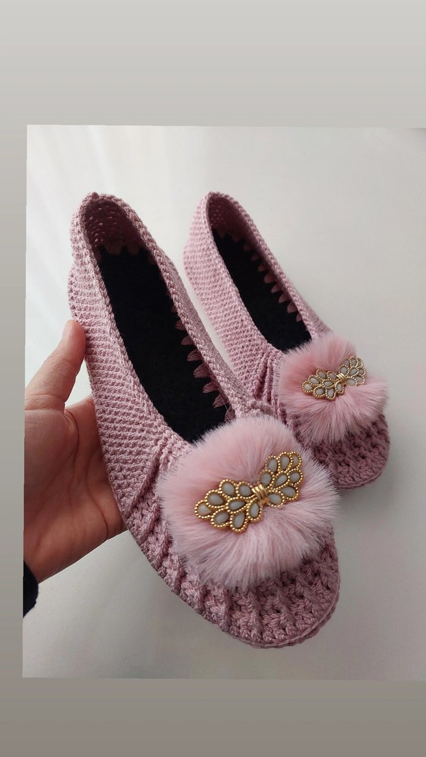 Pembe Örgü Kadın Ev Terliği - Görsel 4