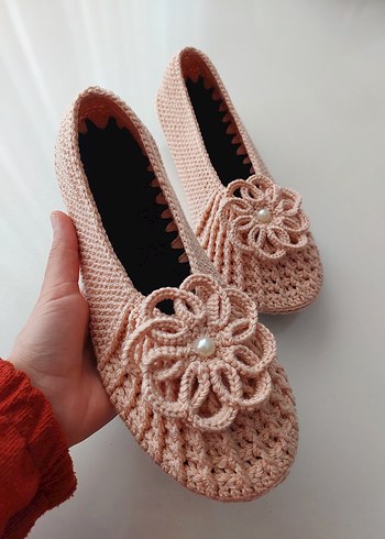 Bej Örgü Kadın Terlik Çiçek Detaylı - Görsel 2