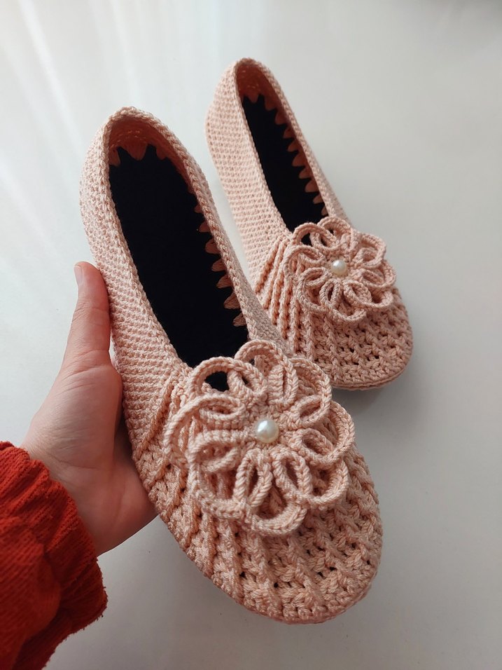 Bej Örgü Kadın Terlik Çiçek Detaylı - Görsel 2