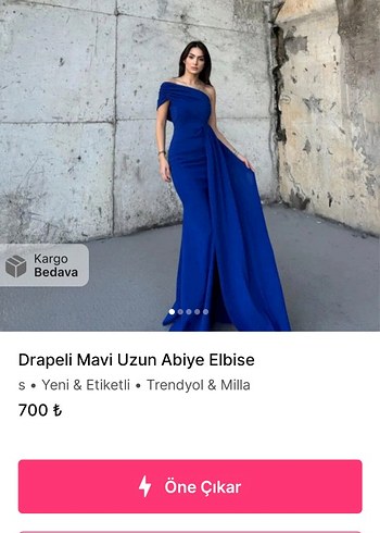 Drapeli Mavi Uzun Abiye Elbise